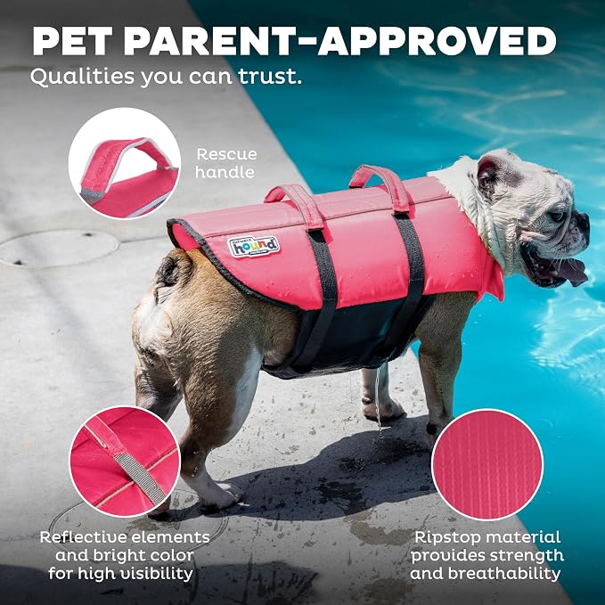 Outward Hound Granby Splash Dog Life Jacket, Life Vest, Pink, Small | Max Buoyancy, Adjustable Fit, Head/Neck Support, Rescue Handle, Reflective, Swimming & Boating, Small Dogs (16–20" Girth)