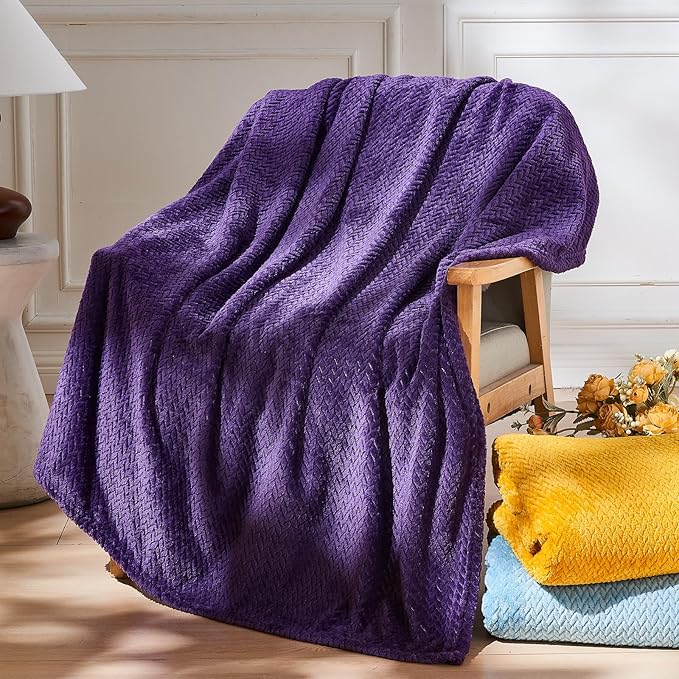 NEWCOSPLAY Fleece Leaves Pattern Twin Blanket, Dark Purple, 60"x80" | Super Soft Throw Blanket, Lightweight Cozy Bed Sofa Blanket, Premium Silky Flannel Fleece, Travel Blanket for All Season Use