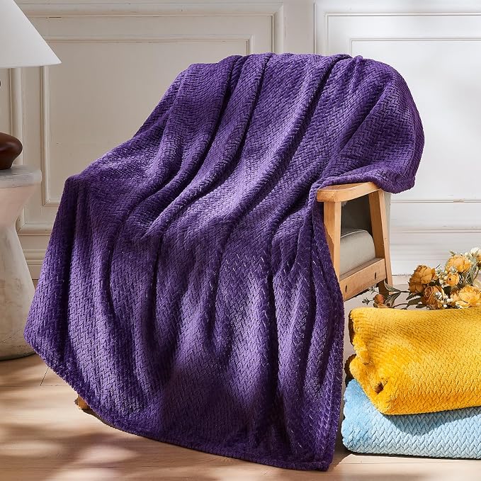 NEWCOSPLAY Fleece Leaves Pattern Queen Blanket, Dark Purple, 90"x90" | Super Soft Throw Blanket, Lightweight Cozy Bed Sofa Blanket, Premium Silky Flannel Fleece, Travel Blanket for All Season Use
