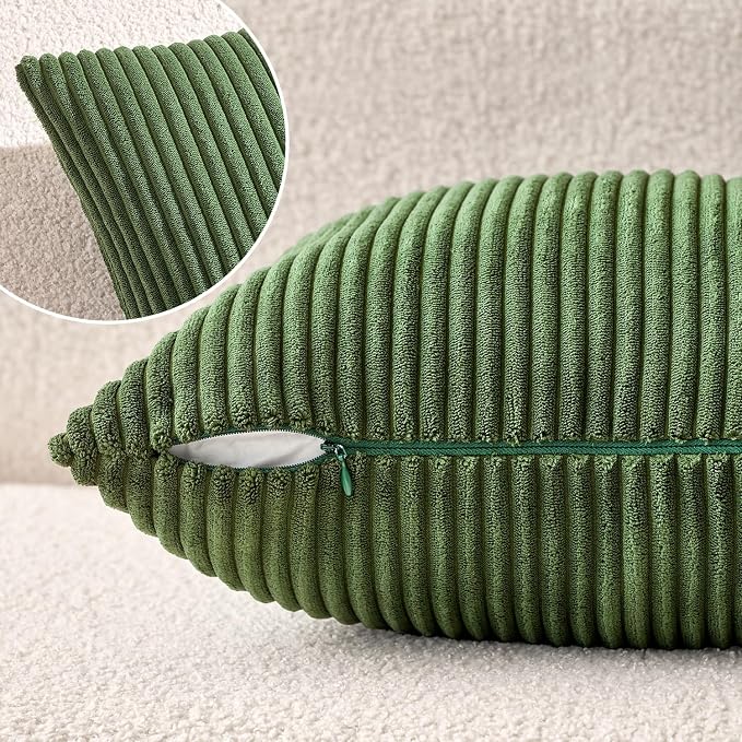 MIULEE Decorative Corduroy Throw Pillow Covers Set of 2 18x18 Moss Green | Soft Striped Textured Cushion Cases, Boho Natural Greenery Pillowcases for Home Decor, for Couch Chair Sofa Bed Living Room