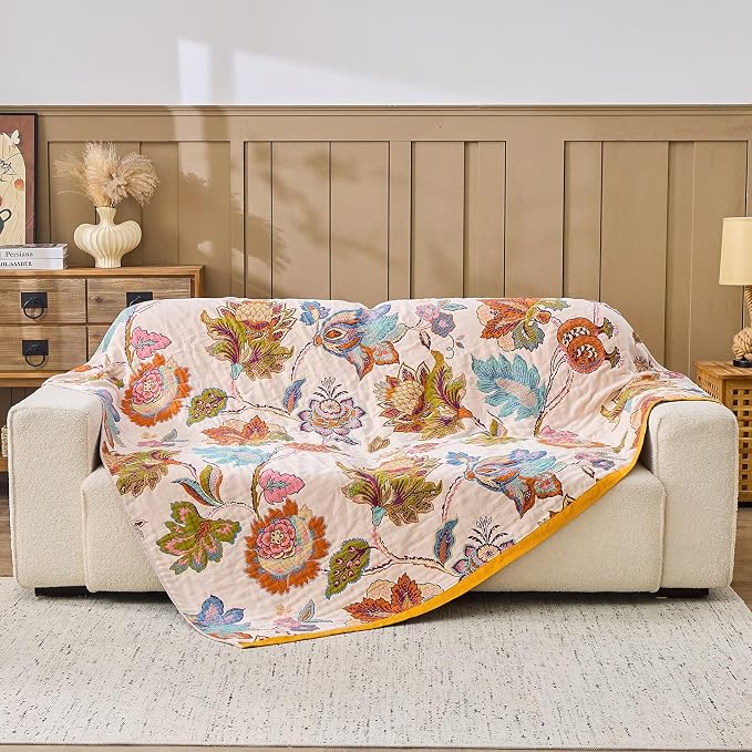 XIBLC Boho Throw Blanket 100% Cotton Vintage Blanket Muslin Woven Flower Decorative Throw Blankets All Season Bohemian Rustic Farmhouse Decor Quilt for Bed (Beige 60"x80")