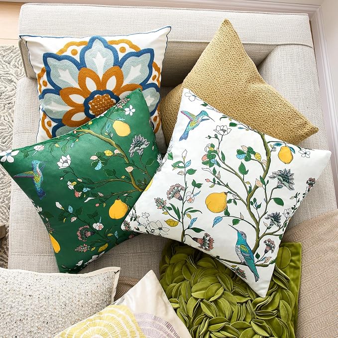 MUSSEL Ivory White Velvet Floral Decorative 20x20 Pillow Covers Set of 2 | Durable Sturdy,Botanical Printed Pattern,Throw Pillows Case,Square,Colorful Mid Century Cushion Covers,Sofa Couch Decor