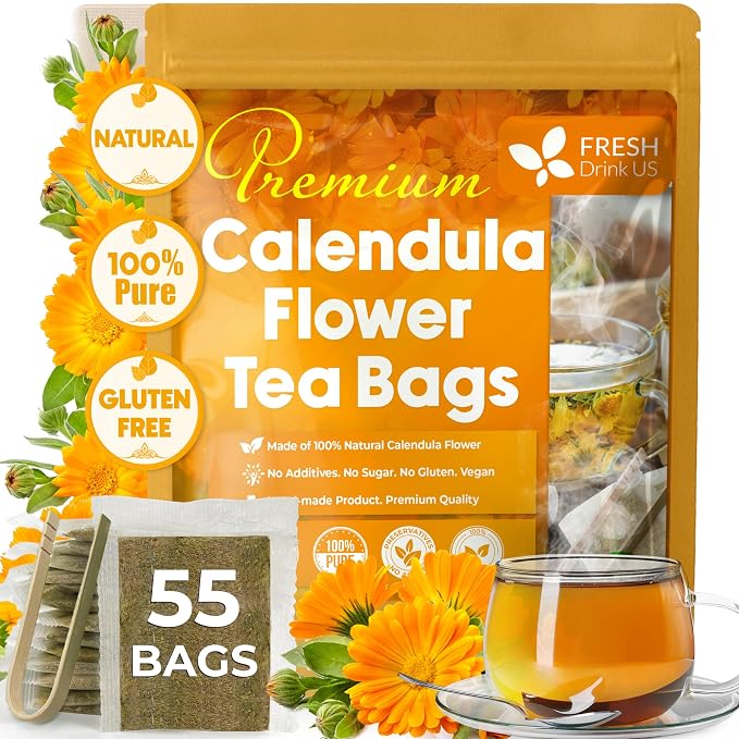 FreshDrinkUS, Premium 55 Calendula Tea Bags, 100% Natural and Pure Calendula Flowers, Eco-conscious Tea Bags. Herbal Tea. No Sugar, No Caffeine, No Gluten, Vegan.