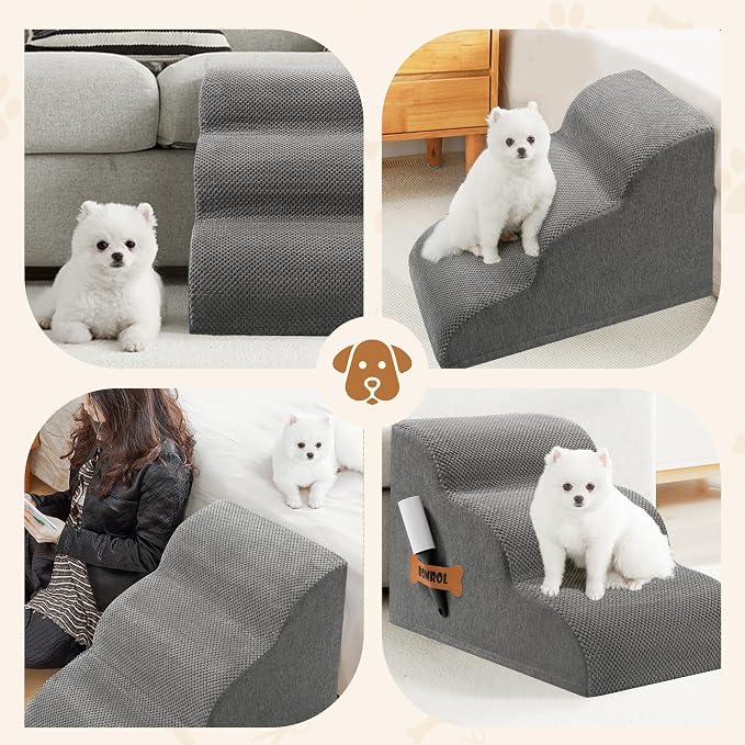 Romrol Dog Stairs Ramp for High Bed, 33D Pet Stairs Steps 15.7” H with Durable Non-Slip Waterproof Fabric Cover, Dog Slope Stairs to Bed for Small Dogs and Cats or Pets Joints, 3-Steps