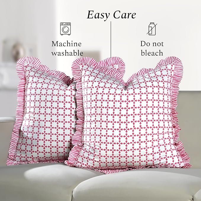 CPC Magenta Pink Hand Block Print 100% Cotton Ruffle Throw Pillow Cover 24x24 inch with Hidden Zipper Decorative for Couch, Bed, Sofa, Farmhouse, Cottagecore Decor Gift Christmas Fall Thanksgiving