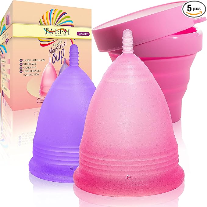 Talisi Menstrual Cups Set of 2 (Small & Large) Super Soft Reusable Period Kit with Collapsible Silicone Sterilizer Case, Storage Bag Menstruation Feminine Copa for Teens, Beginners, Heavy Flow