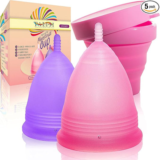 Talisi Menstrual Cups Set of 2 (Small & Large) Super Soft Reusable Period Kit with Collapsible Silicone Sterilizer Case, Storage Bag Menstruation Feminine Copa for Teens, Beginners, Heavy Flow
