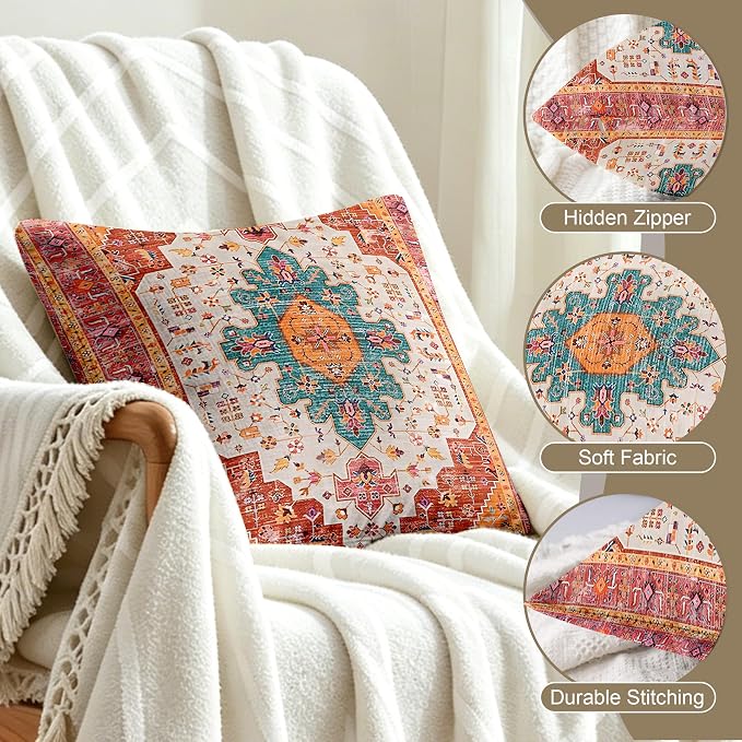 Boho Throw Pillow Covers 18x18 Inch Set of 2,Soft Pillowcases Bohemia Carpet Printing Pattern Decorative Sofa Living Room Bed Square Pillow Case Cushion Cover-Reddish Orange