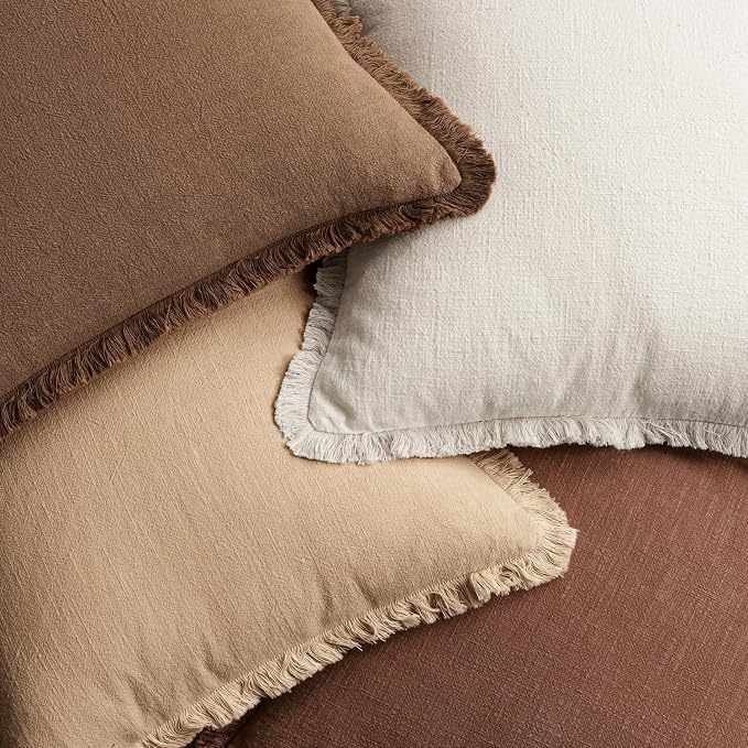 MIULEE Fall Linen Fringe Pillow Covers Set of 4 24x24 Beige/Brown | Boho Farmhouse Decorative Throw Pillow Covers, Neutral Euro Rustic Cushion Cases, for Couch Sofa Bed Living Room Home Decor