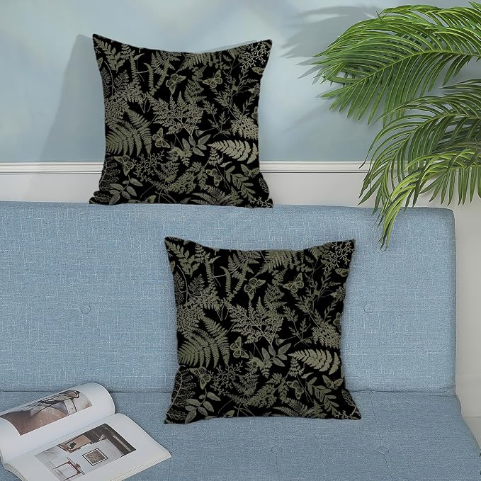 Black Pillow Covers 18x18 Set of 2 Sage Green Wildflower Leaf Plant Decorative Pillowcase Tropical Fern Herbs Botanical Floral Cushion Case Decor Summer Outdoor Throw Pillows for Couch Sofa