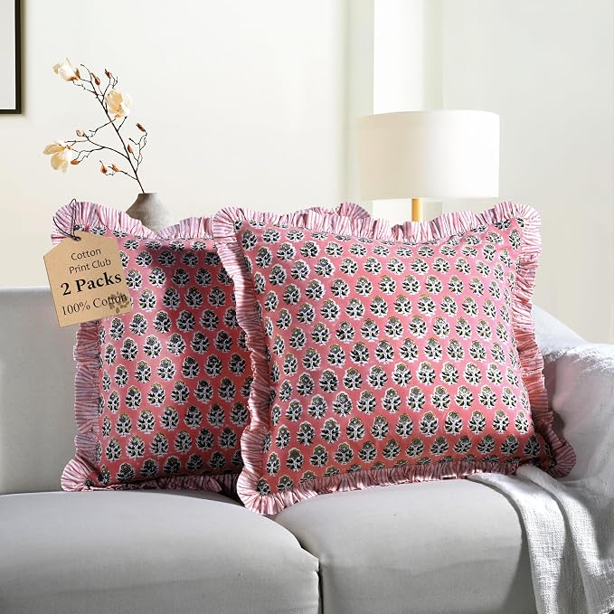 CPC Poppy Pink Ruffle Throw Pillow Covers for Couch, 18x18 Inch Cotton Stripe Ruffle Couch Pillows for Living Room, Hidden 14 Inch Zipper Boho Pillow Case or Cute Outdoor Pillows
