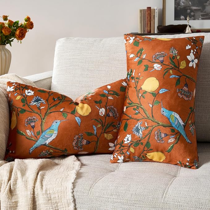 MUSSEL Burnt Orange Velvet Decorative 12x20 Lumbar Pillow Covers Set of 2 | Durable and Sturdy,Botanical Floral Printed,Throw Pillows Case,Rectangle,Colorful Farmhouse Boho,Sofa Bed Couch Decor