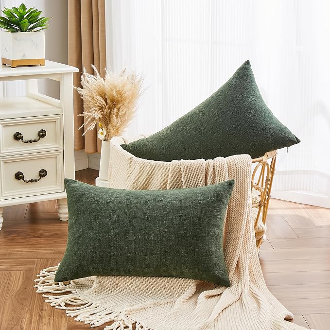 GAWAMAY Decorative Rectangle Throw Pillow Covers Lumbar Support Pillow 12"x20" Inch Set of 2, Soft Chenille Pillowcase for Living Room Bedroom Sofa Couch Cushion Cover Dark Green 30x50cm (No Insert)