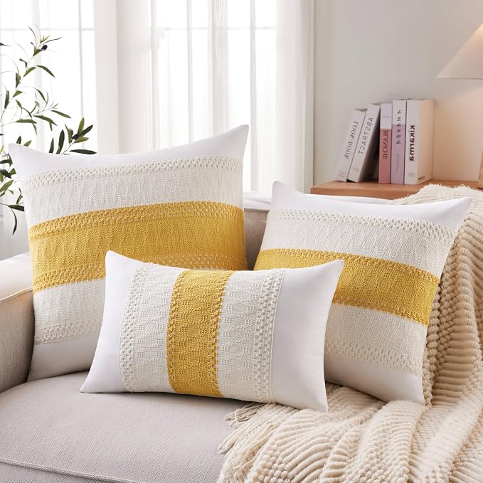 2pk Boho Pillow Covers 24x24, Natural White/Contrast/Mustard Yellow | 100% Organic Cotton Body, Stripe Embroidery, Farmhouse Decorative Cushion Covers for Sofa Bed Living Room Home Decor