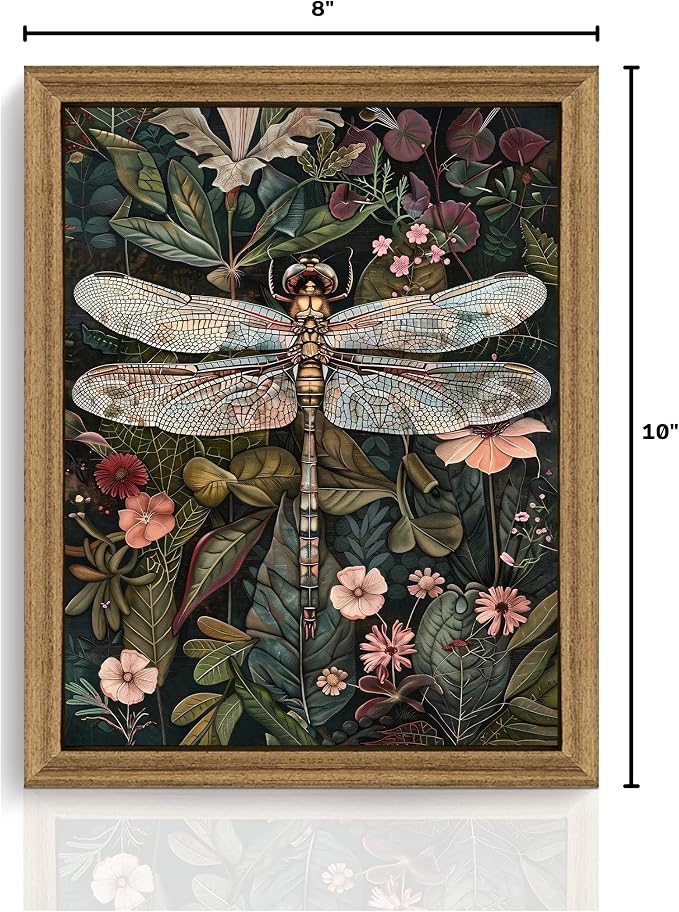 ICHZUMW Framed William Morris Vintage Dragonfly Canvas Wall Art 8x10 In | Dark Green Botanical Prints, Antique Aesthetic Wildflower Wall Decor for Bedroom Living Room Bathroom Office, Ready to Hang