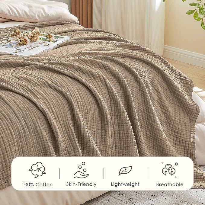 EMME Muslin Blankets for Adults Throw Blanket for Couch Breathable Gauze Soft Lightweight Airy Tan Queen 90" x 90"