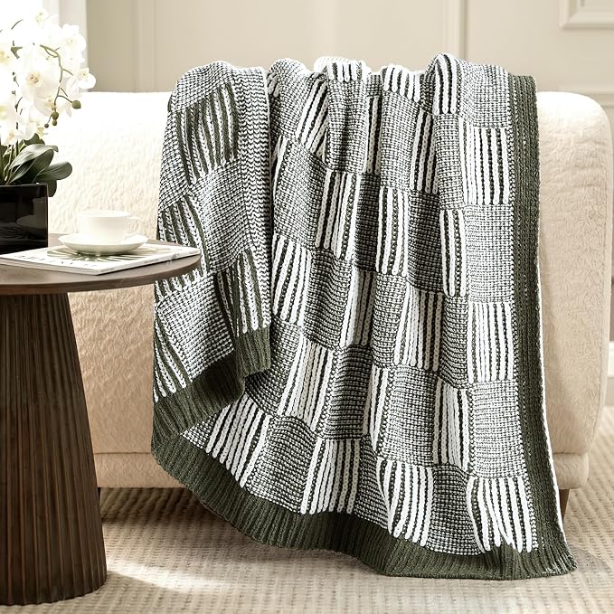 Knit Throw Blanket, Soft Chenille Cozy Breathable Dual Tone Checkered Chunky Decorative Blanket for Couch, Bed & Sofa, French-Inspired Lightweight Warm Gift for Women, Olive Green, 60"x80"