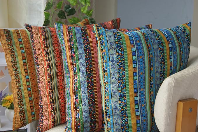 TAOSON Blue Stripe Bohemian Style Antique Cotton Blend Linen Sofa Throw Pillowcase Cushion Cover Pillow Cover with Hidden Zipper Closure Only Cover No Insert 24x24 Inch 60x60cm