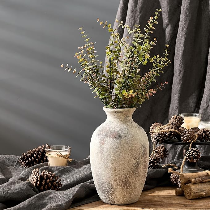 Large Ceramic Rustic Flower Vase, 10.43 Inch Tall Vintage Pottery Home Decor, Antique Farmhouse Terracotta Vase for Living Room, Table, Shelf, Mantel Decoration, Farmhouse - Natural Brown
