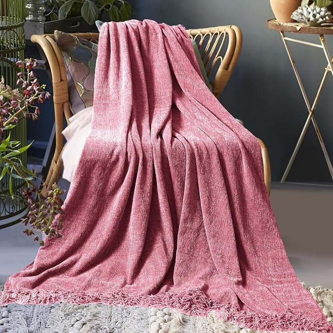 Chenille Throw Blanket for Couch 60" x 80" Twin, Rose Pink | Soft Cozy Warm Throws with Fringe Tassel, for Living Room Bed Sofa Chair Cover, Lightweight Knitted Decorative Boho Blankets
