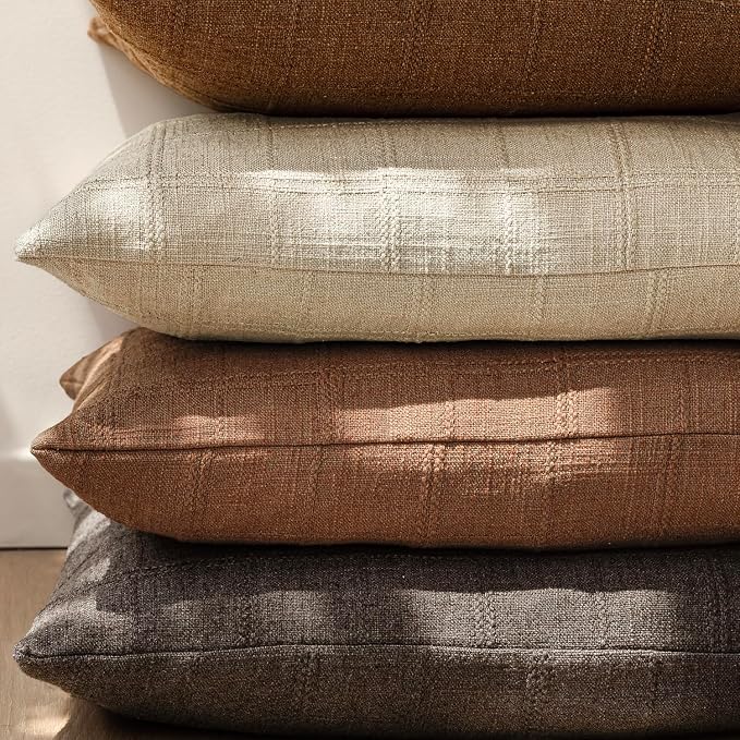Foindtower Set of 2 Decorative Linen Check Throw Pillow Covers Neutral Farmhouse Vintage Cushion Covers Modern Boho Home Decor for Sofa Chair Couch Bedroom Living Room,16×16 Inch,Dark Brown