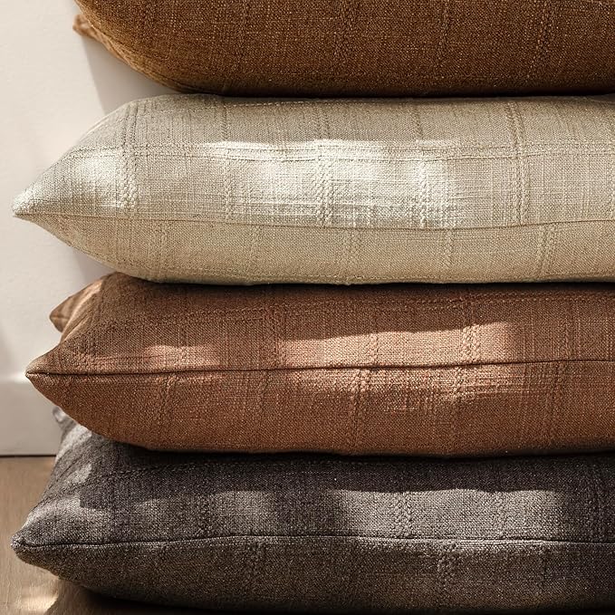 Foindtower Set of 2 Decorative Linen Check Throw Pillow Covers Neutral Farmhouse Vintage Cushion Covers Modern Boho Home Decor for Sofa Chair Couch Bedroom Living Room,26×26 Inch,Autumnal Red