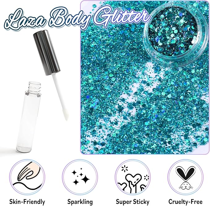 Laza Body Glitter, 2 Jars Holographic Chunky Sequins with Glitter Glue Perfect for Women Eyeshadow Makeup Face Paint Festival Rave Outfits Hair Accessories Carnival Party Costumes - Cyan Blue