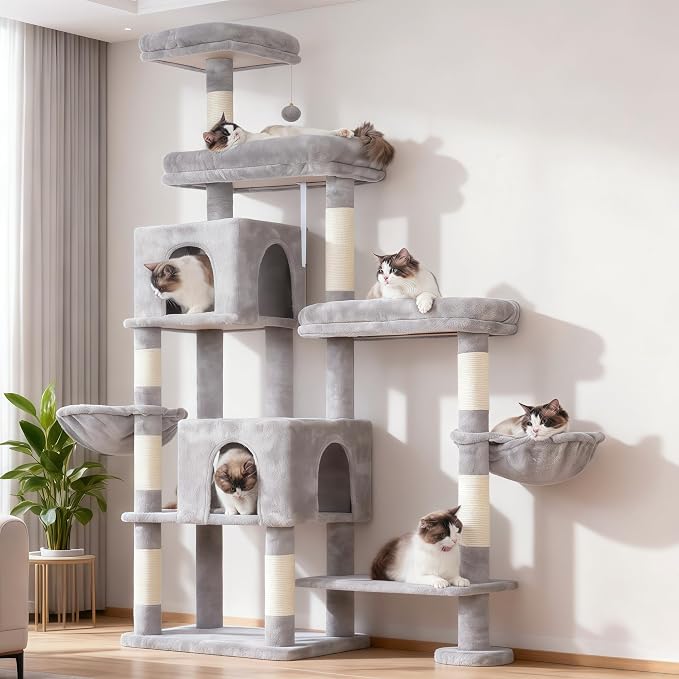 Hey-brother Cat Tree Tower with Stable Extended Base, 3 Platforms, MPJ038W | 70.9 Inches Multi-Level Sisal Scratching Posts, Wide Bed, 2 Cozy Condos, 2 Hammocks, Toy Balls for Indoor Cats, Light Gray