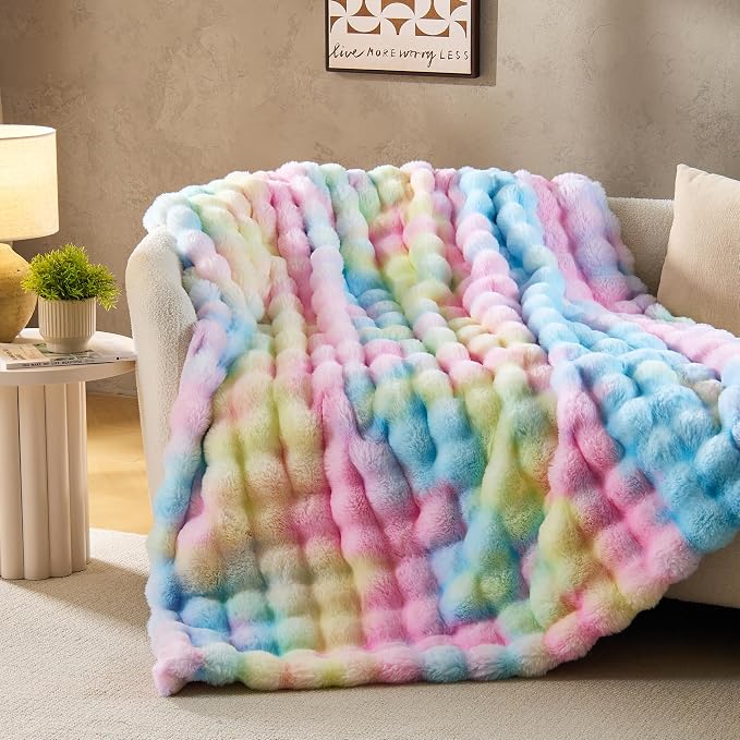DOWNCOOL Faux Fur Throw Blanket for Couch, Ultra Soft Fluffy Fuzzy Plush Bubble Blanket for Sofa Bedroom Living Room, Cozy Warm Luxury Fleece Minky Blanket, 50x60 Inches Rainbow