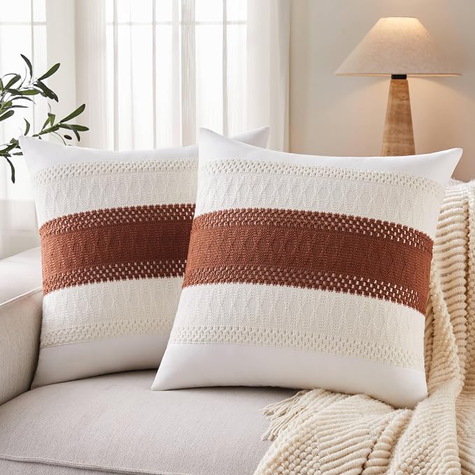 2pk Boho Pillow Covers 22x22, Natural White/Contrast/Terracota | 100% Organic Cotton Body, Stripe Embroidery, Farmhouse Decorative Cushion Covers for Sofa Bed Living Room Home Decor
