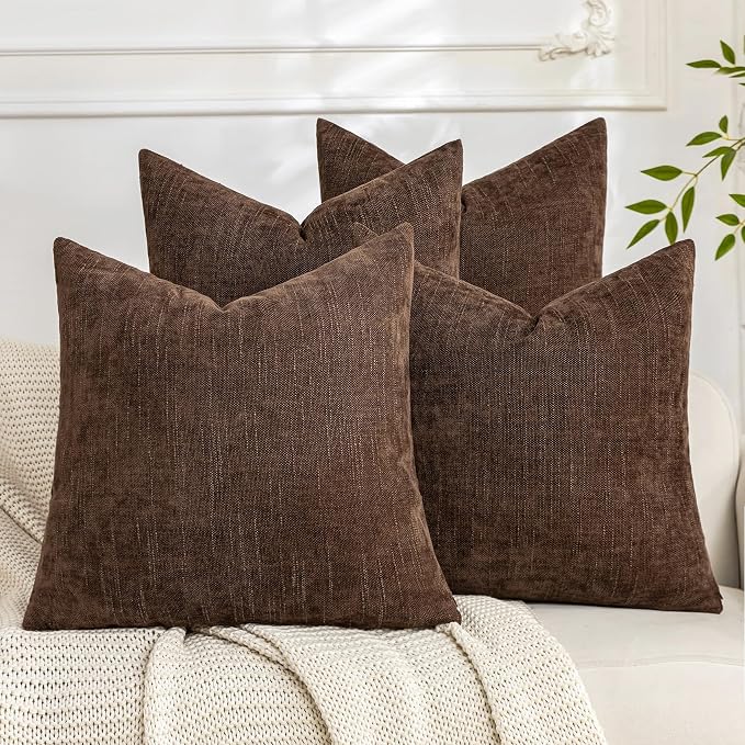 Set of 4 Soft Textured Decorative Throw Pillow Covers 22x22 Inch Cozy Farmhouse Cushion Cover Square Accent Pillow Cases for Bed Couch Sofa Living Room, Dark Brown