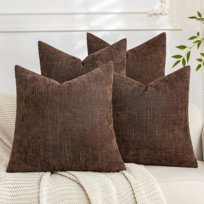 Set of 4 Soft Textured Decorative Throw Pillow Covers 26x26 Inch Cozy Farmhouse Cushion Cover Square Accent Pillow Cases for Bed Couch Sofa Living Room, Dark Brown