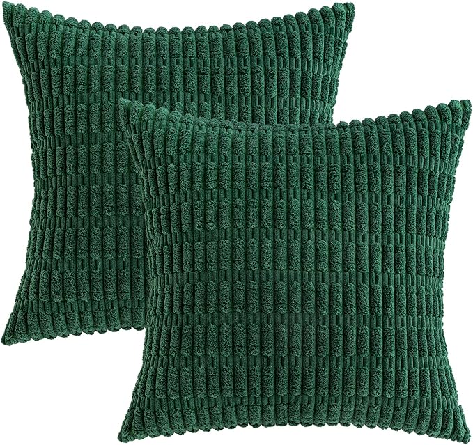 MIULEE Euro Sham Corduroy Decorative Throw Pillow Covers 22x22 Dark Green | Pack of 2 Soft Boho Striped Pillow Covers Modern Farmhouse Home Decor For Sofa Living Room Couch Bed