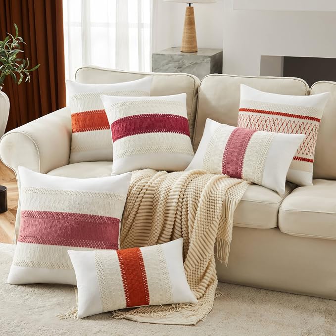 2pk Boho Pillow Covers 16x16, Natural White/Contrast/Dusty Pink | 100% Organic Cotton Body, Stripe Embroidery, Farmhouse Decorative Cushion Covers for Sofa Bed Living Room Home Decor