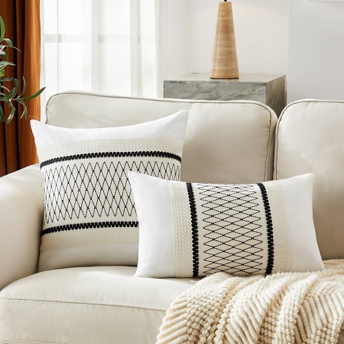2pk Boho Pillow Covers 16x16, Natural White/Grid/Black | 100% Organic Cotton Body, Stripe Embroidery, Farmhouse Decorative Cushion Covers for Sofa Bed Living Room Home Decor