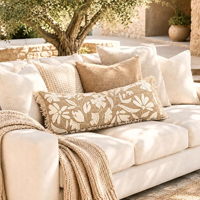 Long Lumbar Pillow Cover 14x36 Indoor Outdoor, Jute Inspired Floral Tufted Accent Oversize Throw Pillowcase for Patio Bed Bedroom, Cover Only