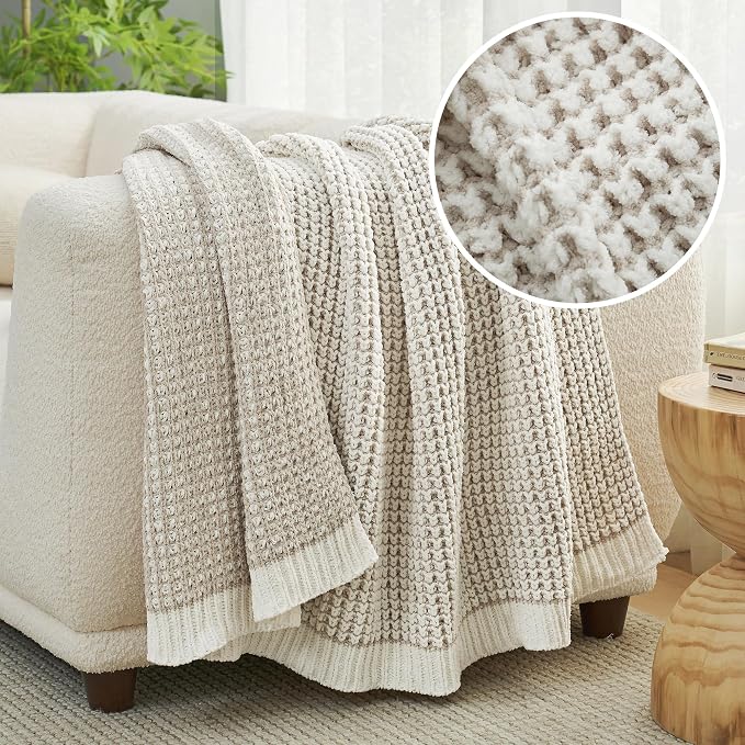Knit Throw Blanket, Soft Chenille Cozy Breathable Pineapple Chunky Decorative Blanket for Couch, Bed & Sofa, French-Inspired Lightweight Warm Gift for Women, Beige, 60"x80"