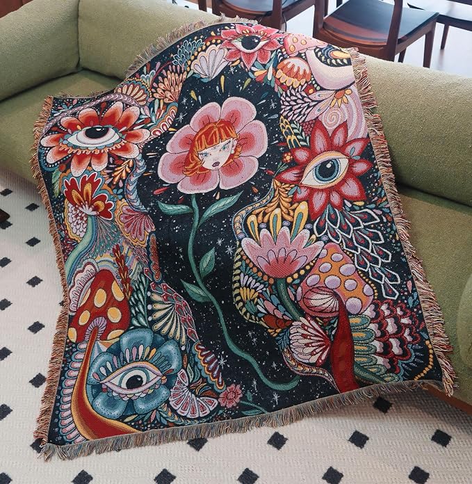 Hippie Flower Cotton Woven Boho Throw Blanket for Couch Bed Chair Lounge Hippie Room Decor Reversible Whimsical Throw Blanket Witchy Room Decor Throws Bed Spread Outdoor Camping Blankets 51x59 Inches