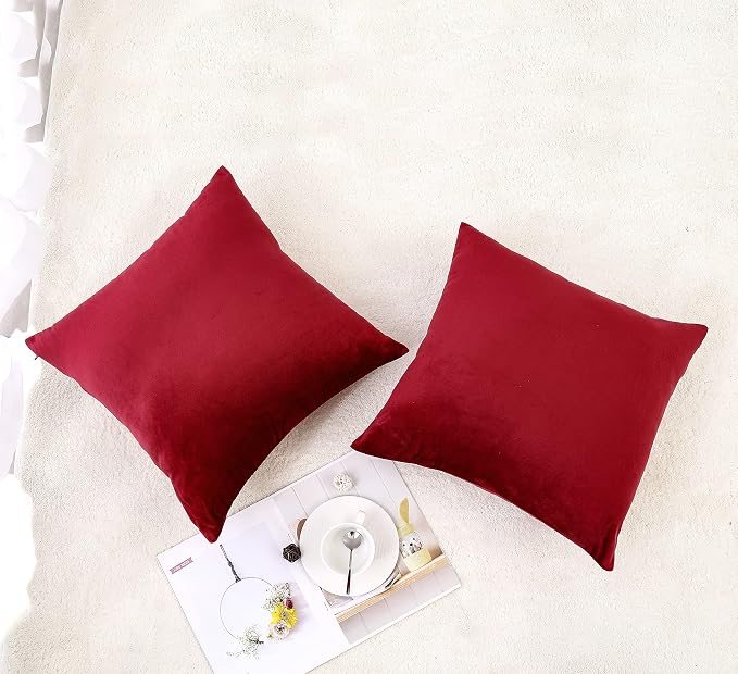 NiNi ALL Burgundy Red Velvet Throw Pillow Covers 18x18 Pack of 2 Decorative | Soft Solid Boho Cushion Squar Pillow Cases for Chair Sofa Bedroom Farmhouse Living room Modern Luxury Home Decor Christmas