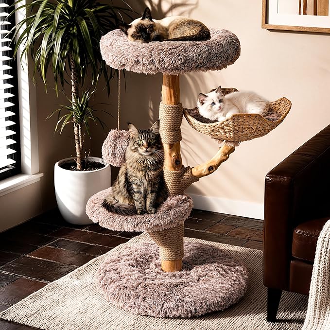 Sopapets Solid Wood Cat Tree with Hand-Woven Basket, 41.3" Natural Wood Cat Tower with Real Branch, Modern Boho Cat Furniture for Indoor Cats & Large Cats, Sisal Scratching Posts, Beige