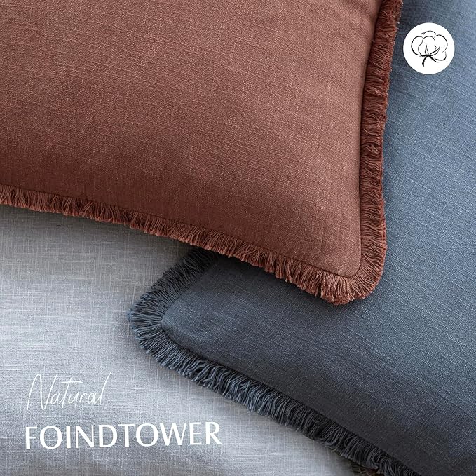 Foindtower Set of 2 Decorative Linen Fringe Throw Pillow Covers Cozy Boho Farmhouse Cushion Cover with Tassels Soft Accent Pillowcase for Couch Sofa Bed Living Room Home Decor,26×26 Inch,Rust Red