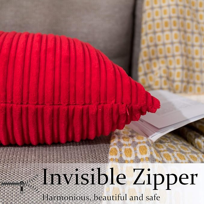 UGASA Valentines Corduroy Striped Soft Soild Decorative Square Throw Pillow Covers Set Cushion Cases Pillowcases for Sofa Bedroom, 2 Pcs, 26x26inch, Red