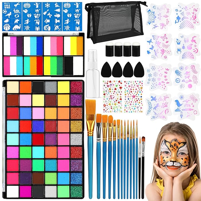Face Painting Kit for Kids, 54 Colors Water Activated Face Paint Palette, Split Cake Body Paint for Adults, Non Toxic Makeup Kit Professional for Halloween, Christmas,Cosplay,Parties, Birthdays