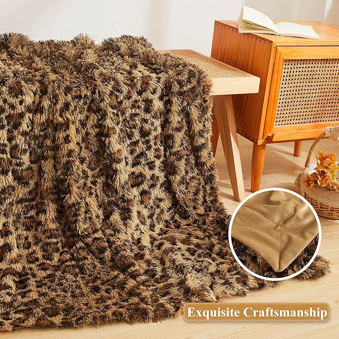 XeGe Luxury Faux Fur Leopard Print Blanket, Soft Cheetah Patterned Fluffy Bed Blanket, Shaggy Plush Decorative Couch Throw, Cute Furry Animal Print Fuzzy Throw for Sofa Bed Couch, Brown, 60x80