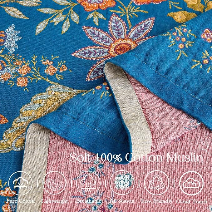 XIBLC Fall Throw Blanket for Couch, Blue Boho Decorative Throw Blanket, 100% Cotton Muslin Breathable Woven Farmhouse Blankets Quilt, 80"x90" Reversible Lightweight Blankets Bohemian Throw Quilt