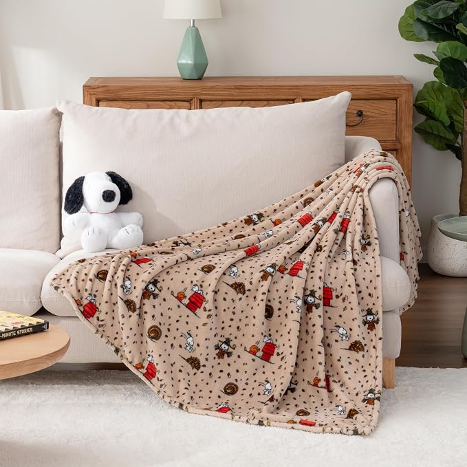 Berkshire Blanket Peanuts® VelvetLoft® Cute Character Snoopy Plush Oversized Throw Blanket, Peanuts Snoopy and Woodstock Harvest Combo Linen (50in x 60in)