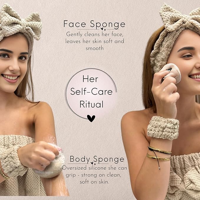 HAPPY LOLLI Power Shower Gift Set for Teen & College Girls, Birthday Gift, Self Care College Essentials Bath Accessories with Towels, Headband, Wristbands & Face Sponge (Fresh in Beige)