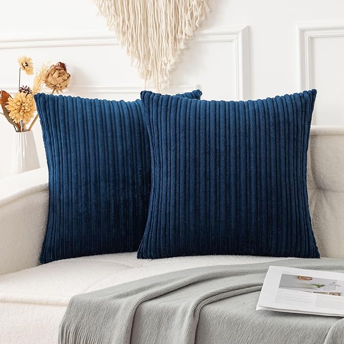 UGASA Striped Textured Velvet Corduroy Decorative Europe Sham Throw Pillow Cushion Cover for Couch, 2 Packs, (61x61 cm, 24inch), Navy Blue