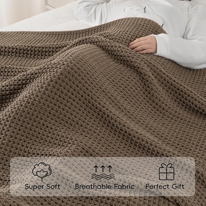 Knitted Waffle Throw Blanket , Camel Tan Throw Blanket for Couch 60x80in | Cozy Chunky Knit Throw Blanket Soft Warm Throws for Men Father Birthday Gifts, Modern Farmhouse Knitted Style