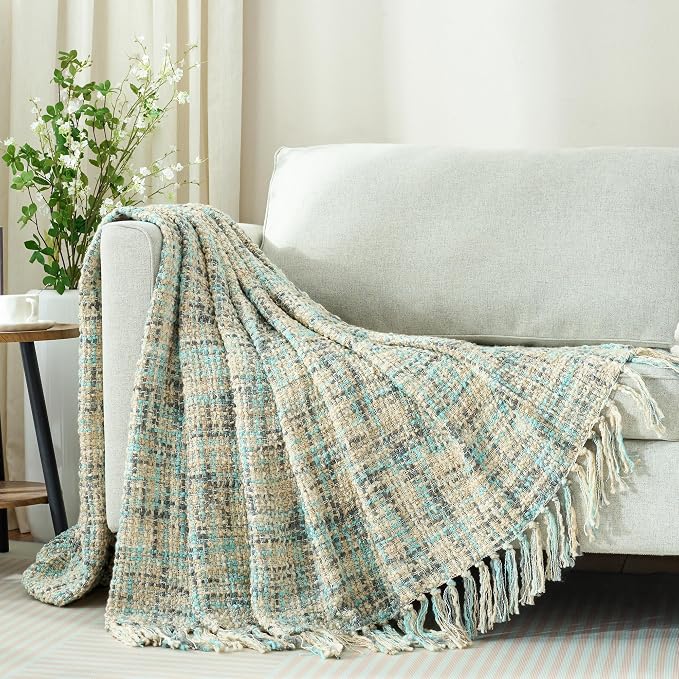 Multi-Color Cable Woven Throw Blanket for Couch - 60"X80" | Multicolored Boho Style,Super Soft Warm Cozy Chunky Blankets with Decorative Tassels for Bed and Sofa,Blue Grey